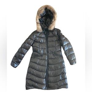 Moncler long down coat. Hood trim Frost Fox Fur. Sz 2
